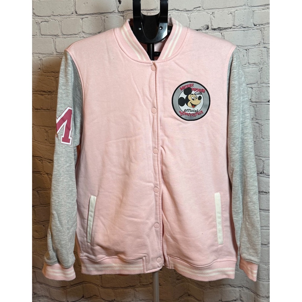 Disney 100 Mickey Mouse Club Varsity Jacket Pink Gray XL Snap Front Sweatshirt